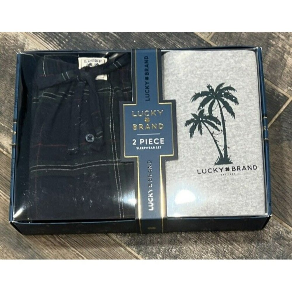 New Lucky Brand Men's 2-Pc Pajama Palm‎ Tree Henley Plaid Flannel Pant Set Large - Picture 5 of 7